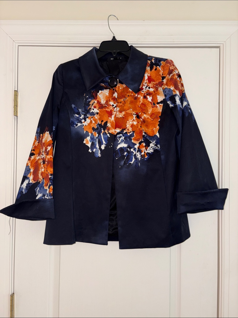 Ellen Tracy Navy Jacket with Orange Floral Accents